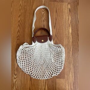 Longchamp Le Pliage Filet Mesh Tote Bag Cream Net Bag Leather Handle